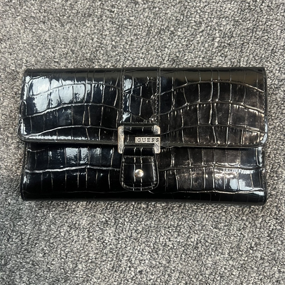 Guess Y2K Croc Embossed Patent Leather Trifold Wallet Black Silver Logo OS
